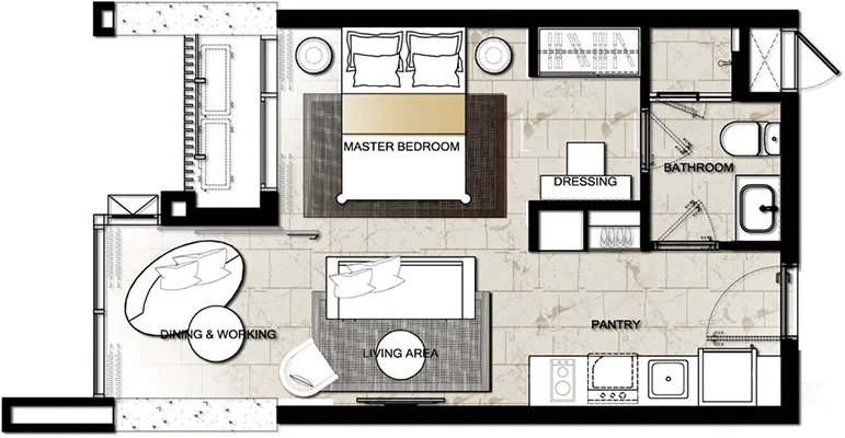 ผังห้องแบบ 1 ห้องนอน Hyde Sukhumvit 11 (furniture lay-out plan)