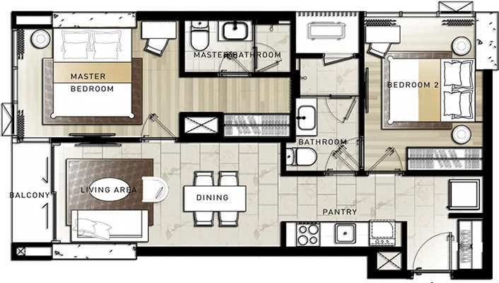 ผังห้องแบบ 2 ห้องนอน Hyde Sukhumvit 11 (furniture lay-out plan)