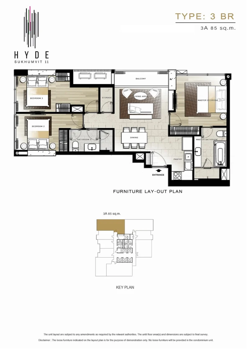 ผังห้องแบบ 3 ห้องนอน Hyde Sukhumvit 11 Type 3A 85 ตร.ม. (furniture lay-out plan)