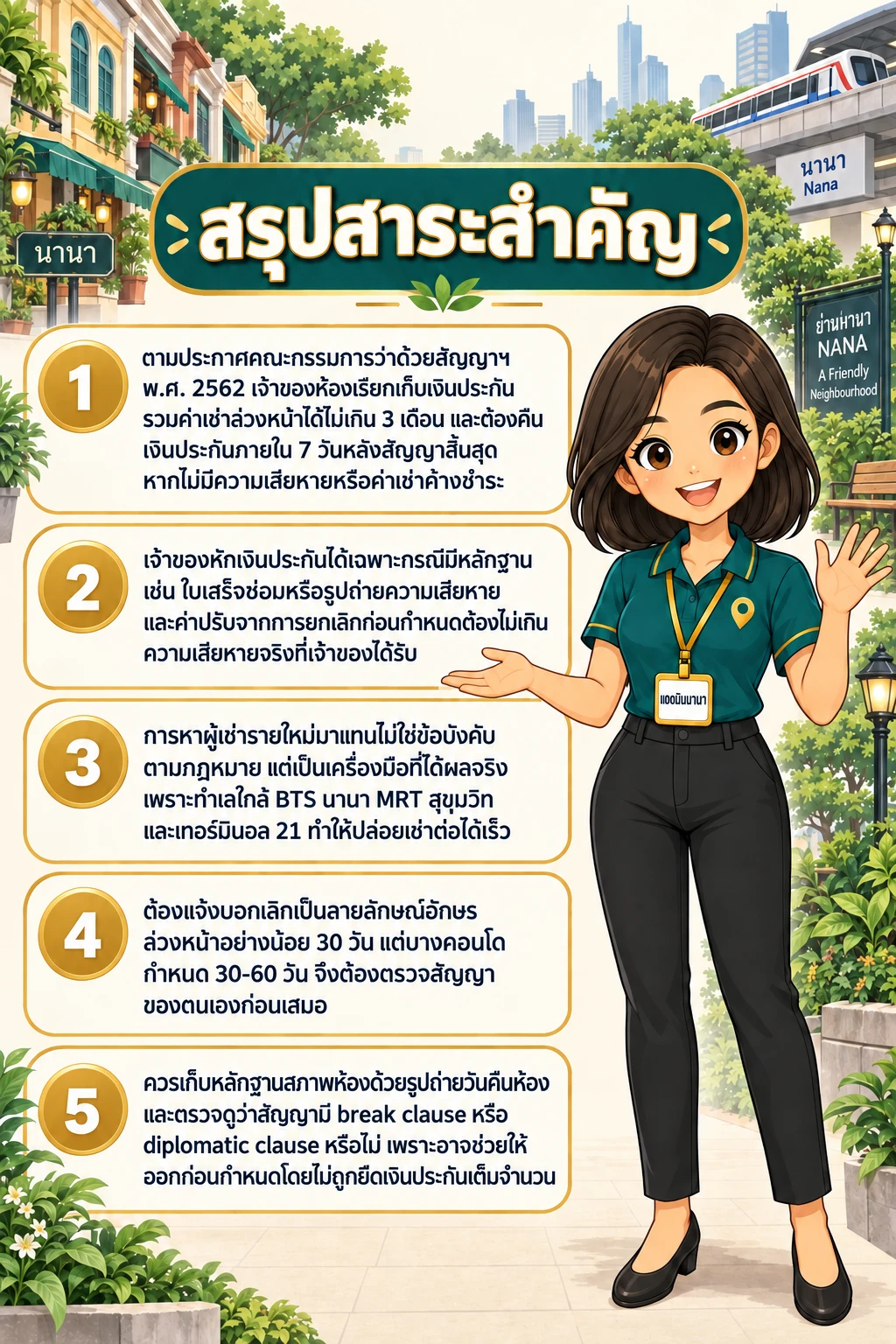 อินโฟกราฟิกสรุปข้อมูล บอกเลิกสัญญาเช่าก่อนกำหนดในคอนโดนานา: เสียเงินประกันไหม แจ้งกี่วัน