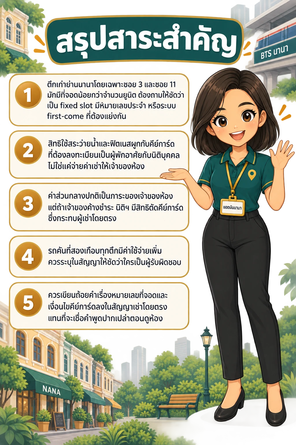 อินโฟกราฟิกสรุปข้อมูล ที่จอดรถ คอนโดเช่า นานา: เขียนสิทธิที่จอด–ส่วนกลางให้ชัดก่อนเซ็นสัญญา