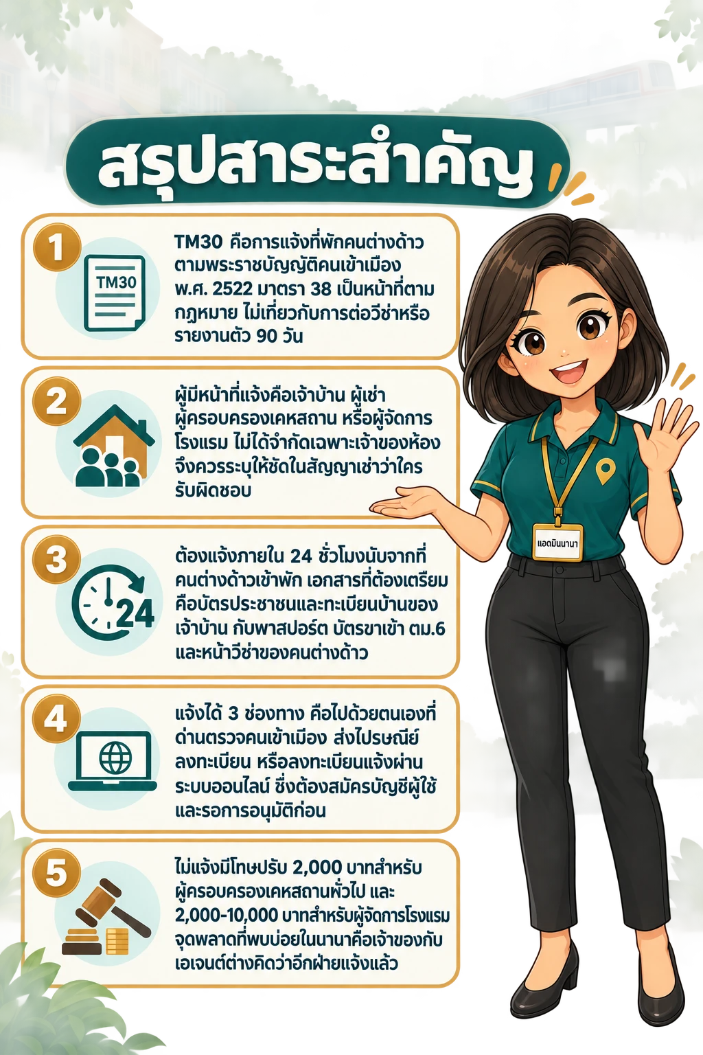 อินโฟกราฟิกสรุปข้อมูล แจ้ง TM30 นานา: ใครมีหน้าที่แจ้ง ใช้เอกสารอะไร ทำออนไลน์ยังไง