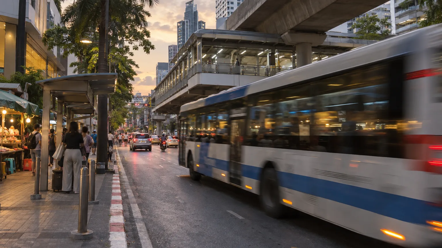 ป้ายรถเมล์และรถเมล์ปรับอากาศสาย 511 วิ่งผ่านนานาบนถนนสุขุมวิทหน้าตลาดนานา