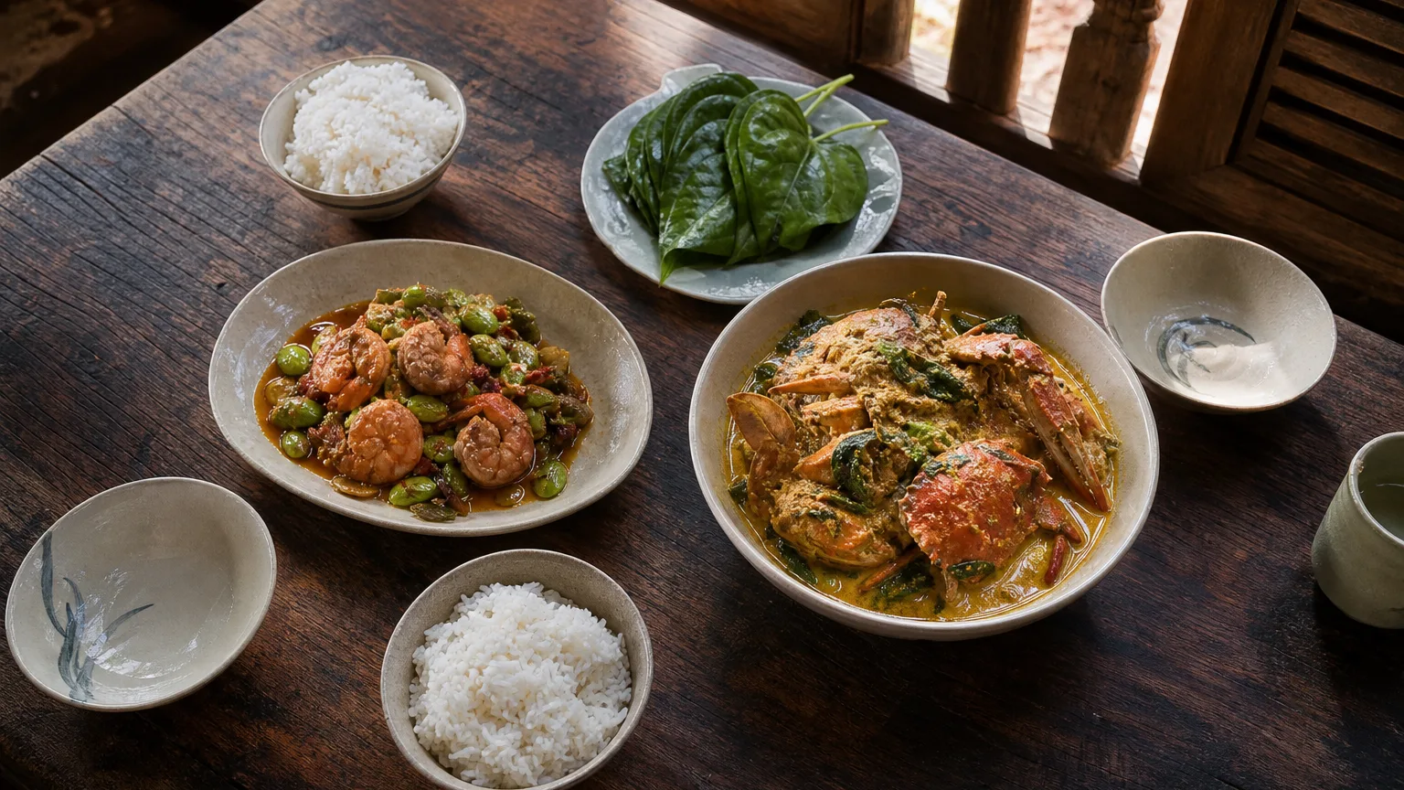 แกงปูใบชะพลูและกุ้งผัดสะตอบนโต๊ะไม้ในร้านปรายระย้า นานา บรรยากาศเรือนไม้ใกล้ BTS นานา